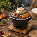 Zoe KL1 Portable Charcoal Grill Mini Tabletop BBQ Cast Iron Body Stainless Steel Removable Grill Net Heat-Resistant Wooden Base Silver Carry Rings Outdoor Picnic and Backyard Cooking