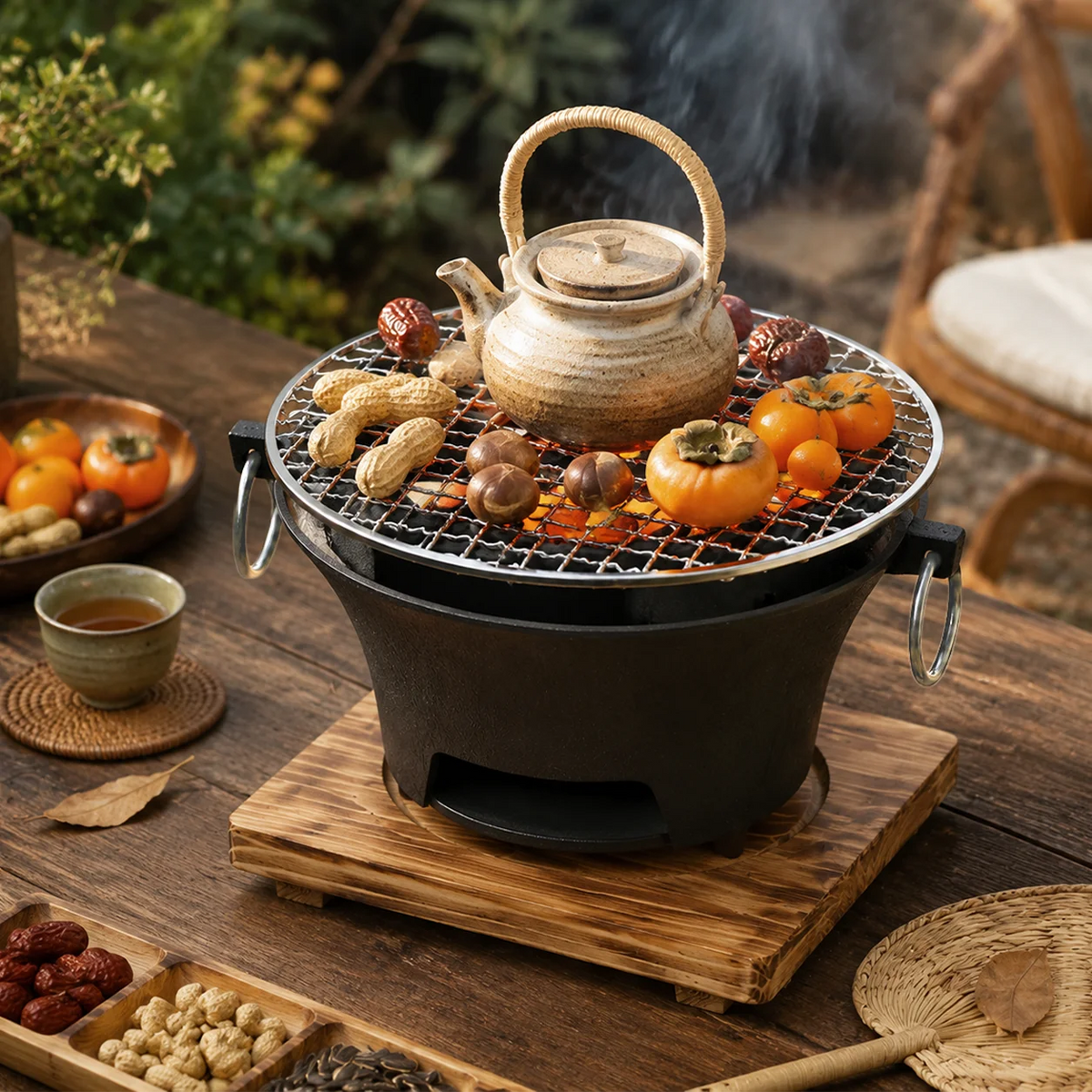 Zoe KL1 Portable Charcoal Grill Mini Tabletop BBQ Cast Iron Body Stainless Steel Removable Grill Net Heat-Resistant Wooden Base Silver Carry Rings Outdoor Picnic and Backyard Cooking