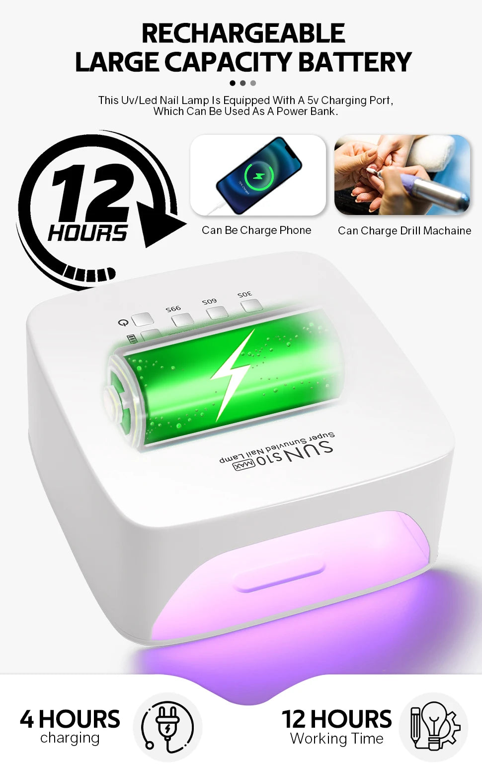 168W UV LED Nail Lamp Rechargeable Nail Dryer with Large LCD Display Professional Gel Curing Lamp 4 Timer Auto Sensor for Salon