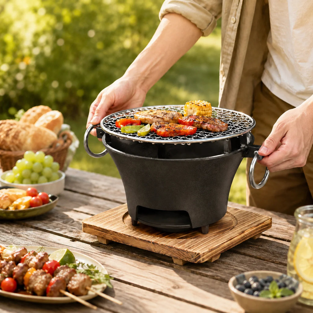 KL1 Portable Charcoal Grill Mini Tabletop BBQ Cast Iron Body Stainless Steel Removable Grill Net Heat-Resistant Wooden Base Silver Carry Rings Outdoor Picnic and Backyard Cooking