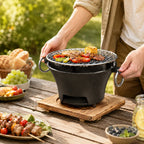 KL1 Portable Charcoal Grill Mini Tabletop BBQ Cast Iron Body Stainless Steel Removable Grill Net Heat-Resistant Wooden Base Silver Carry Rings Outdoor Picnic and Backyard Cooking