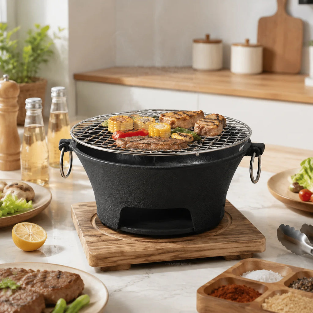 Zoe KL1 Portable Charcoal Grill Mini Tabletop BBQ Cast Iron Body Stainless Steel Removable Grill Net Heat-Resistant Wooden Base Silver Carry Rings Outdoor Picnic and Backyard Cooking