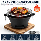 Zoe KL1 Portable Charcoal Grill Mini Tabletop BBQ Cast Iron Body Stainless Steel Removable Grill Net Heat-Resistant Wooden Base Silver Carry Rings Outdoor Picnic and Backyard Cooking