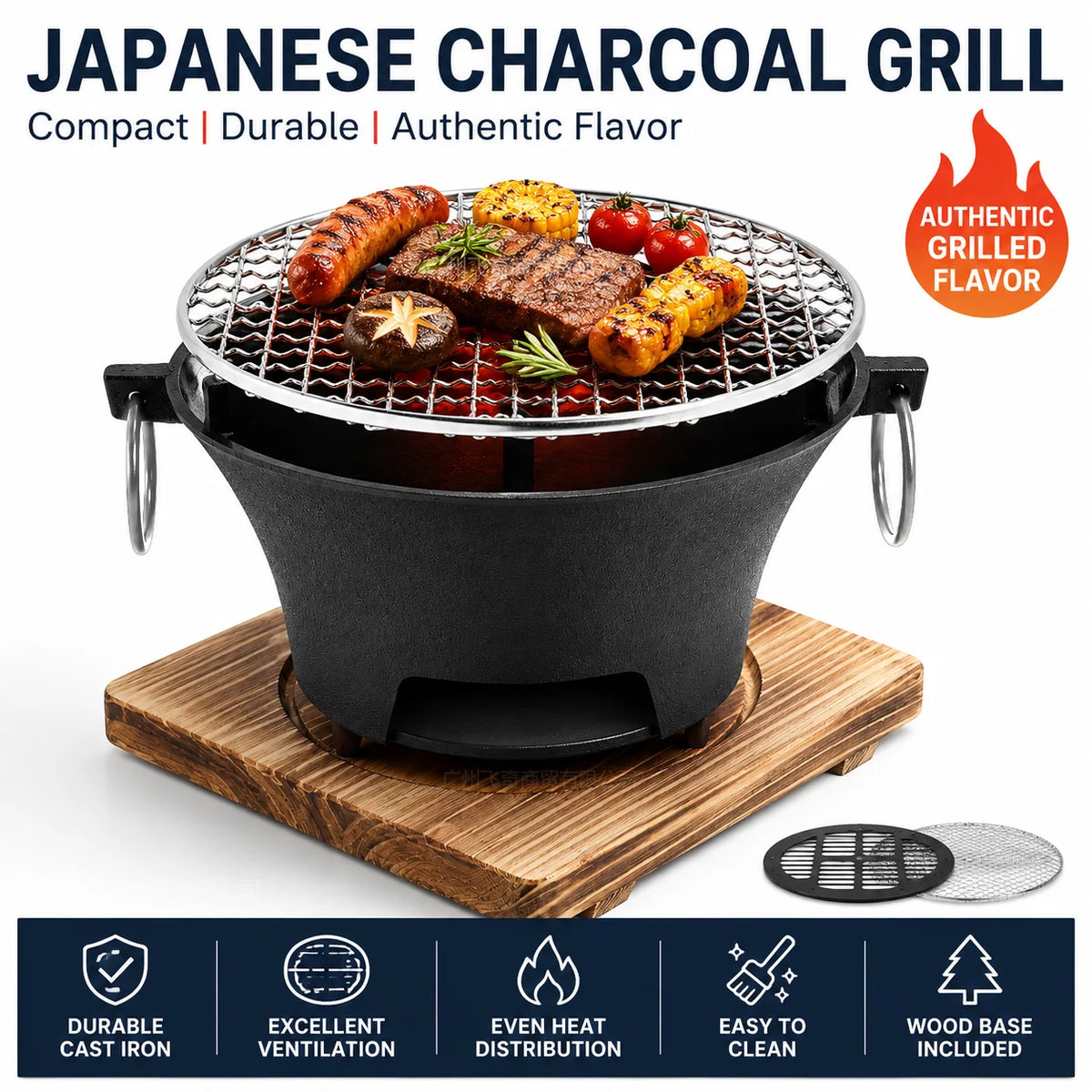 Zoe KL1 Portable Charcoal Grill Mini Tabletop BBQ Cast Iron Body Stainless Steel Removable Grill Net Heat-Resistant Wooden Base Silver Carry Rings Outdoor Picnic and Backyard Cooking