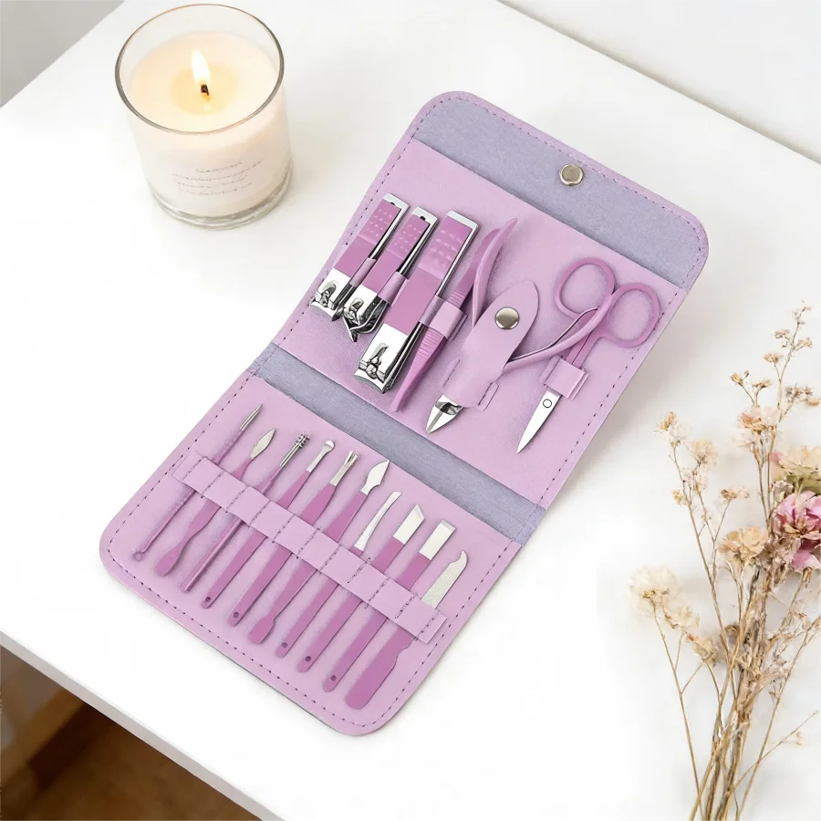 Professional 16-In-1 Purple Nail Care Set, With A Foldable PU Leather Case, Complete With Care And Trimming Tools. Stainless Steel Nail And Pedicure Tools, Portable Travel Nail Set, Suitable For Home, Business Trips, And Dail