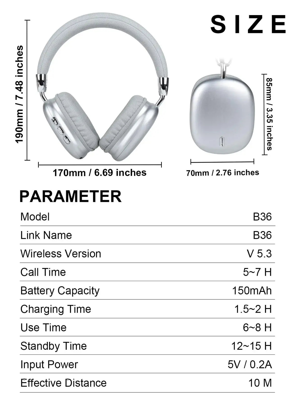 B36 Wireless Bluetooth 5.3 Over-Ear Headphones with ANC Noise Cancelling 8H Playtime Ergonomic Design HD Microphone