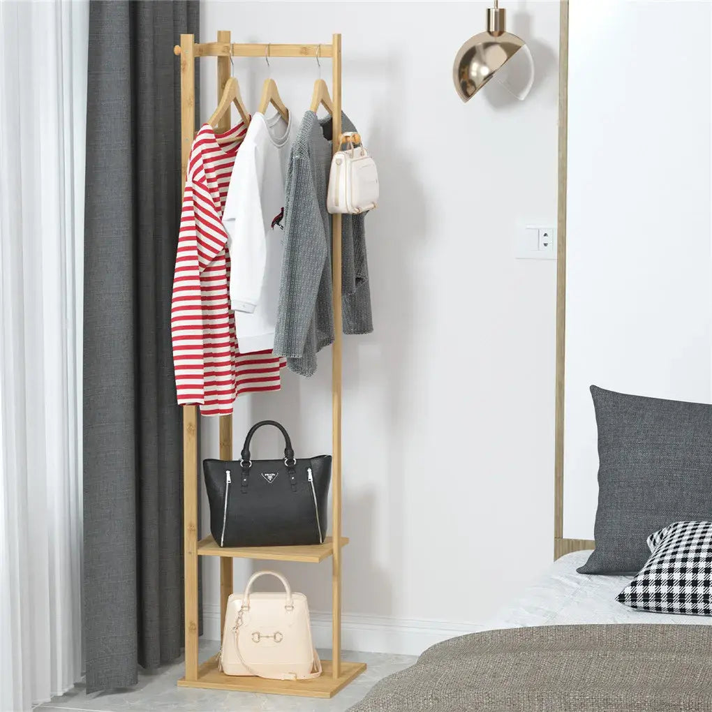 Bamboo Garment Rack, Clothing Rack with 2 Tier Storage Shelves, Wooden Garment Rack, Clothes Hanging Rack, Cloest Organizer - Nexvibe