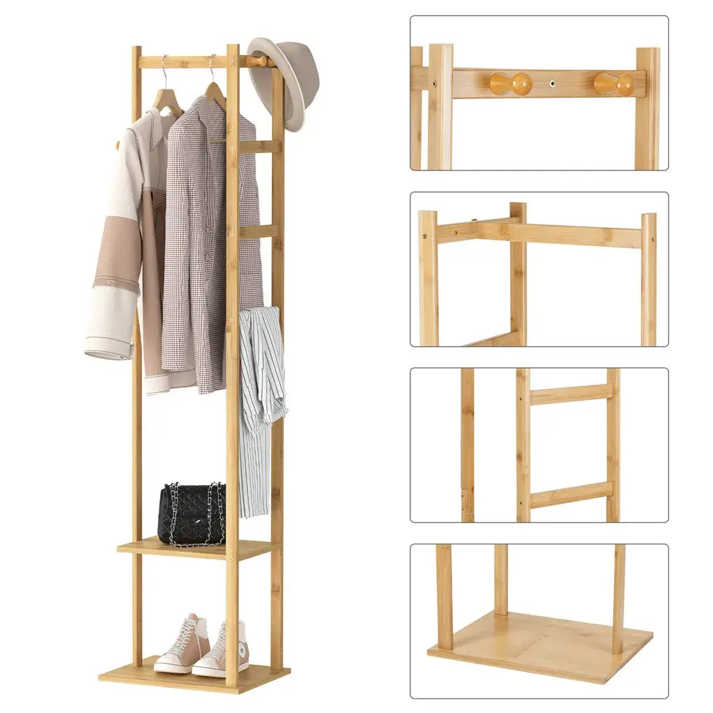 Bamboo Garment Rack, Clothing Rack with 2 Tier Storage Shelves, Wooden Garment Rack, Clothes Hanging Rack, Cloest Organizer - Nexvibe