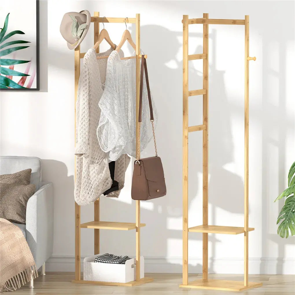 Bamboo Garment Rack, Clothing Rack with 2 Tier Storage Shelves, Wooden Garment Rack, Clothes Hanging Rack, Cloest Organizer - Nexvibe