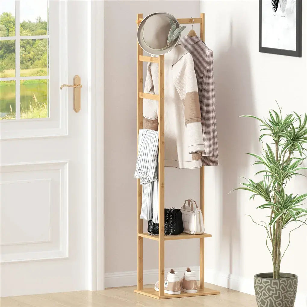 Bamboo Garment Rack, Clothing Rack with 2 Tier Storage Shelves, Wooden Garment Rack, Clothes Hanging Rack, Cloest Organizer - Nexvibe