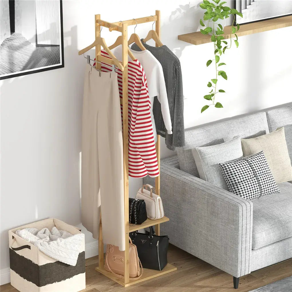 Bamboo Garment Rack, Clothing Rack with 2 Tier Storage Shelves, Wooden Garment Rack, Clothes Hanging Rack, Cloest Organizer - Nexvibe