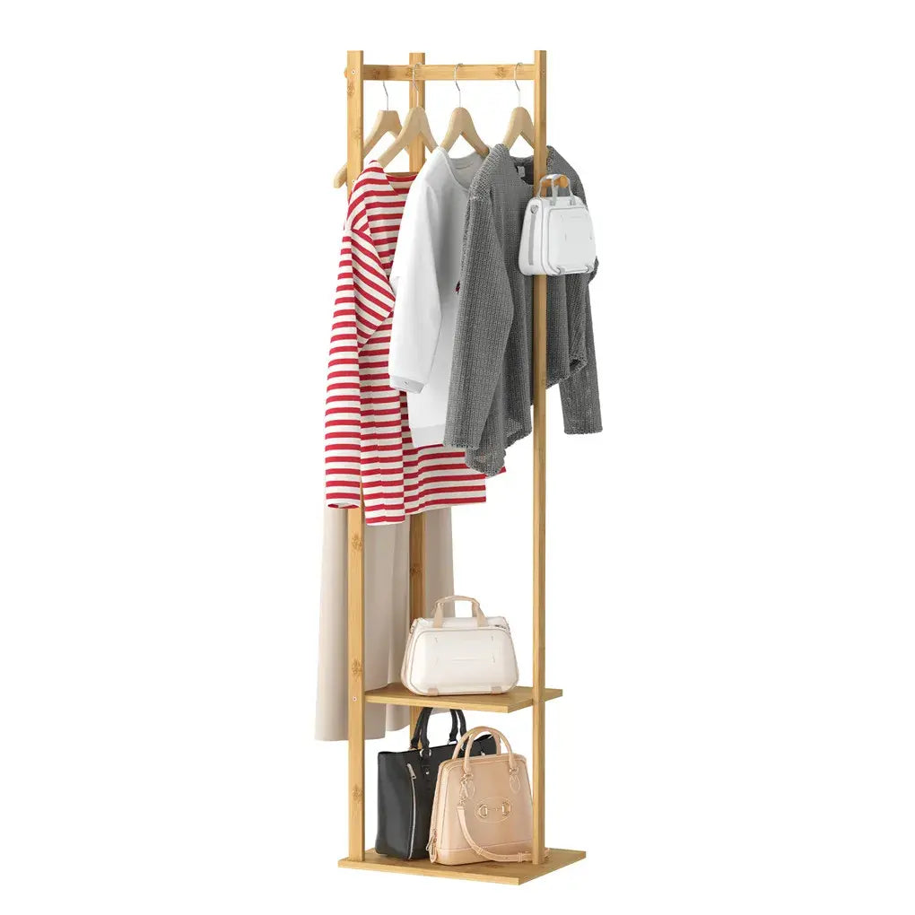 Bamboo Garment Rack, Clothing Rack with 2 Tier Storage Shelves, Wooden Garment Rack, Clothes Hanging Rack, Cloest Organizer - Nexvibe