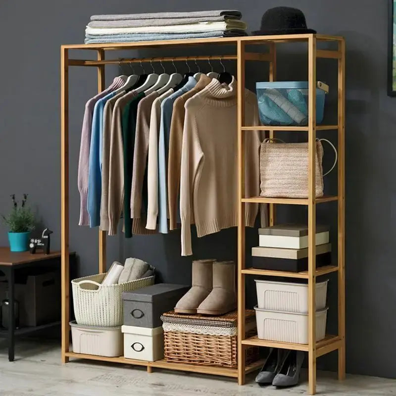Bamboo Wood Clothing Garment Rack with Shelves Clothes Hanging Rack Stand for Child Kids Adults Cloth Shoe Coat Storage Organize - Nexvibe
