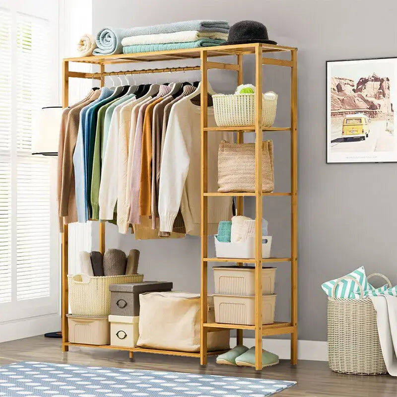 Bamboo Wood Clothing Garment Rack with Shelves Clothes Hanging Rack Stand for Child Kids Adults Cloth Shoe Coat Storage Organize - Nexvibe