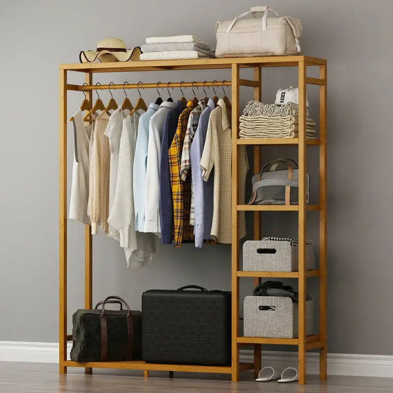 Bamboo Wood Clothing Garment Rack with Shelves Clothes Hanging Rack Stand for Child Kids Adults Cloth Shoe Coat Storage Organize - Nexvibe