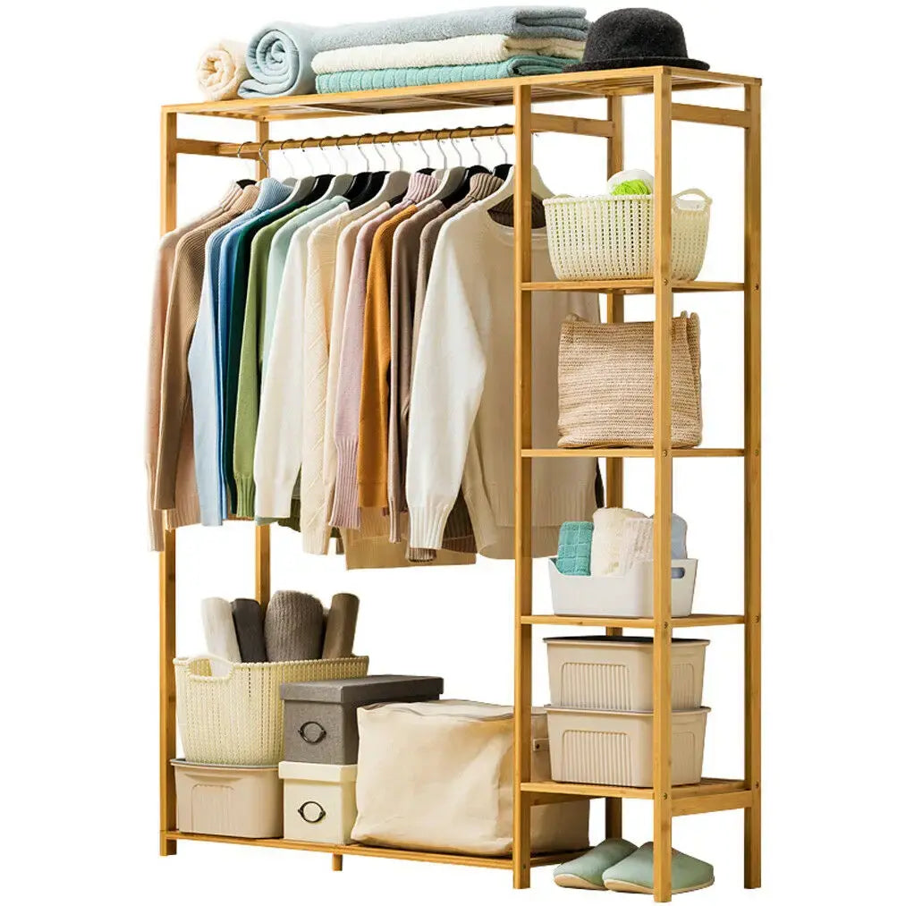 Bamboo Wood Clothing Garment Rack with Shelves Clothes Hanging Rack Stand for Child Kids Adults Cloth Shoe Coat Storage Organize - Nexvibe