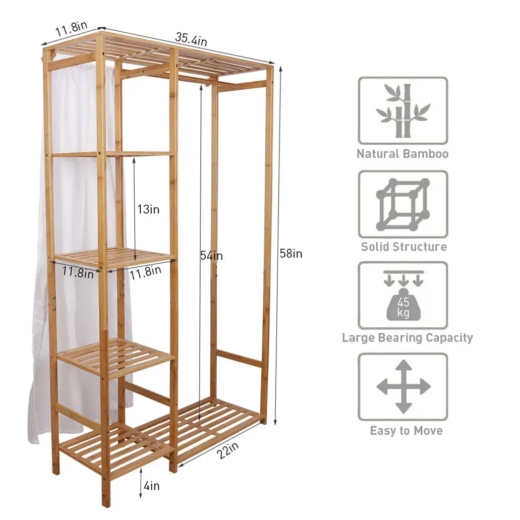 Bamboo Wood Clothing Garment Rack with Shelves Clothes Hanging Rack Stand for Child Kids Adults Cloth Shoe Coat Storage Organize - Nexvibe