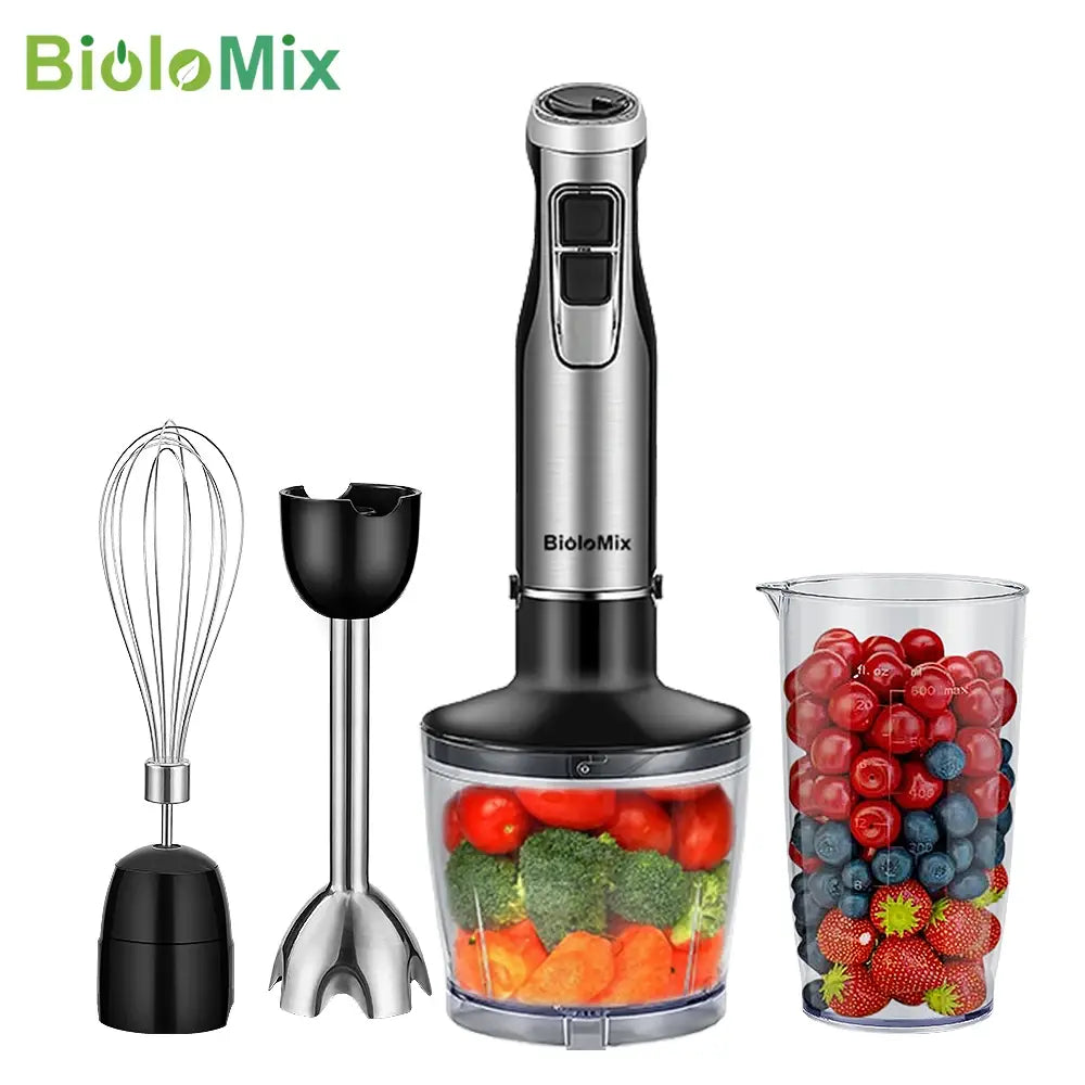 BioloMix 4 in 1 High Power 1200W Immersion Hand Stick Blender Mixer Includes Chopper and Smoothie Cup Stainless Steel