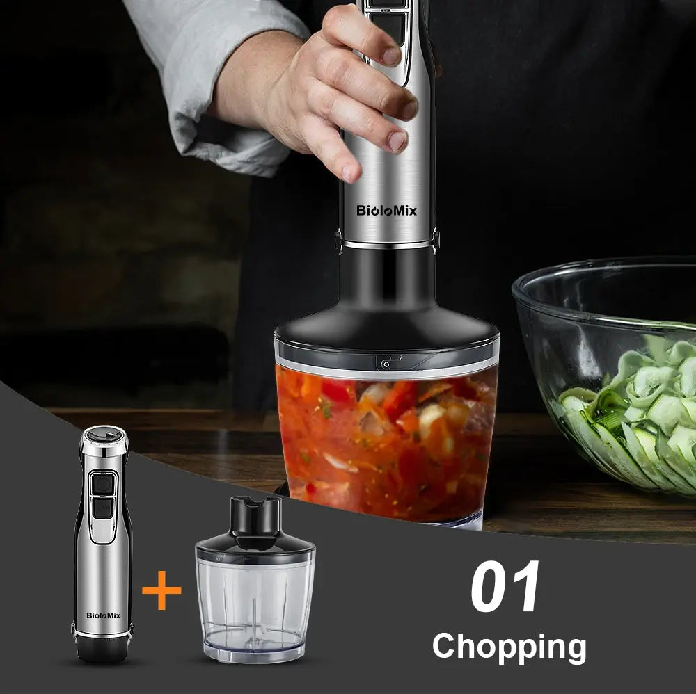 BioloMix 4 in 1 High Power 1200W Immersion Hand Stick Blender Mixer Includes Chopper and Smoothie Cup Stainless Steel