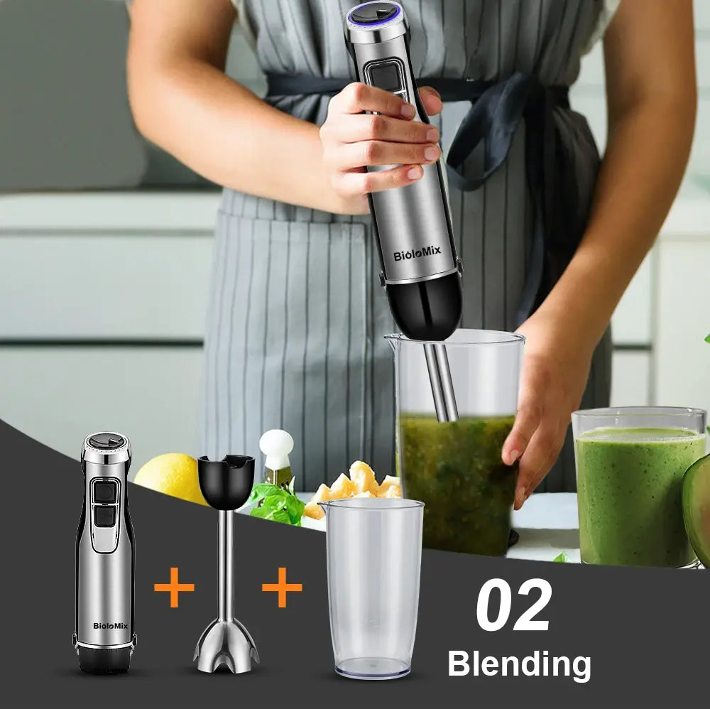 BioloMix 4 in 1 High Power 1200W Immersion Hand Stick Blender Mixer Includes Chopper and Smoothie Cup Stainless Steel