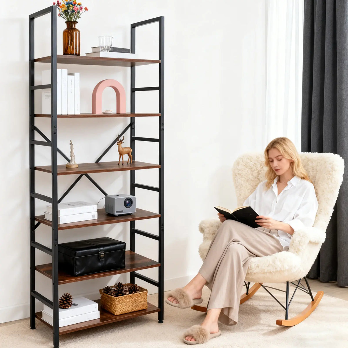 Book Shelf, 5 Tier/6 Tier/ Bookcase, Modern Tall Bookshelf Corner Storage Organizer for Garage Kit, CDs, Movies Suitable Home Of - Nexvibe