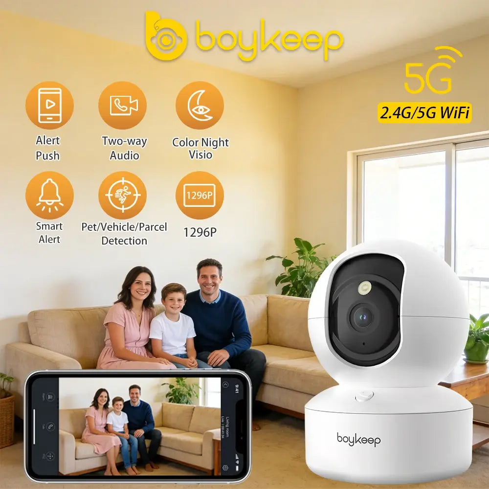 BoyKeep 2K Smart WiFi Security Camera Dual Band 5G/2.4GHz Indoor Surveillance Camera 360° PTZ IR Night Vision Two-Way