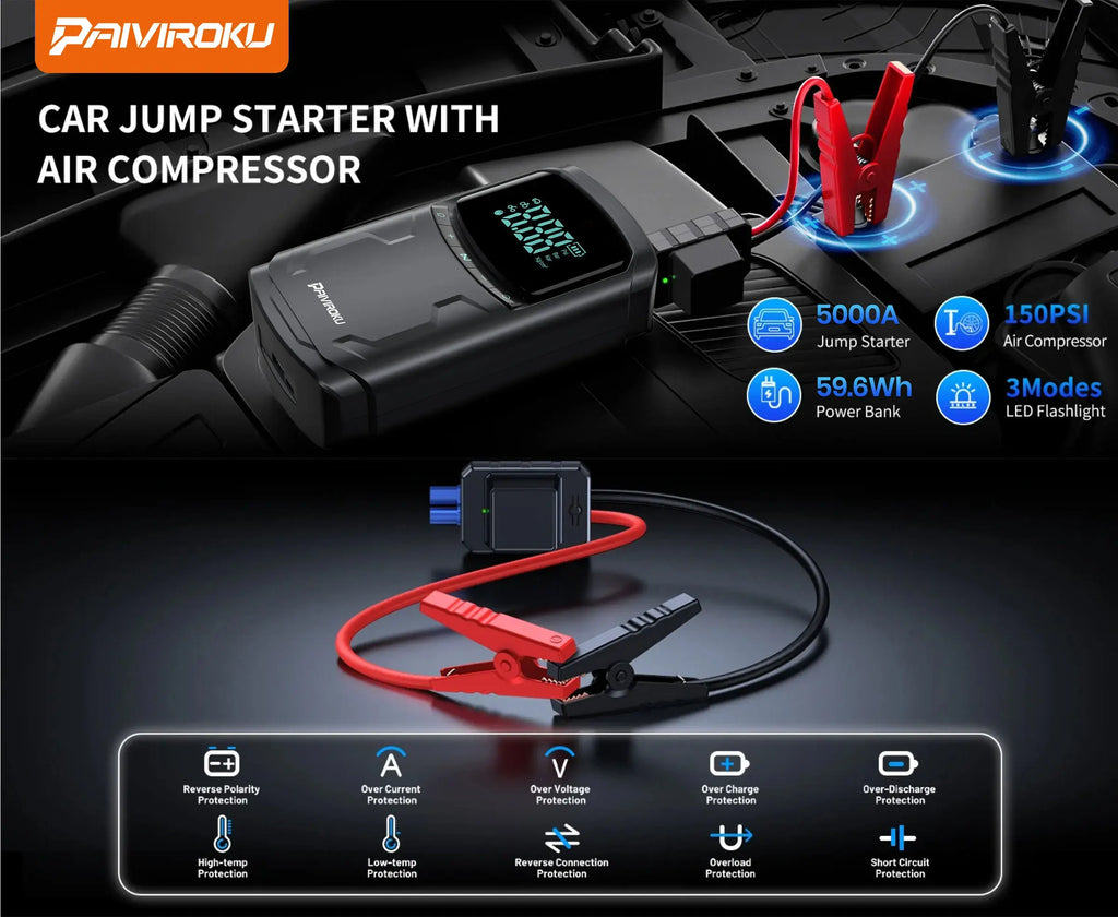 Car Jump Starter with Air Compressor Peak 5000A Auto Battery Booster 150PSI Air Pump Portable Power Bank Tire Inflator