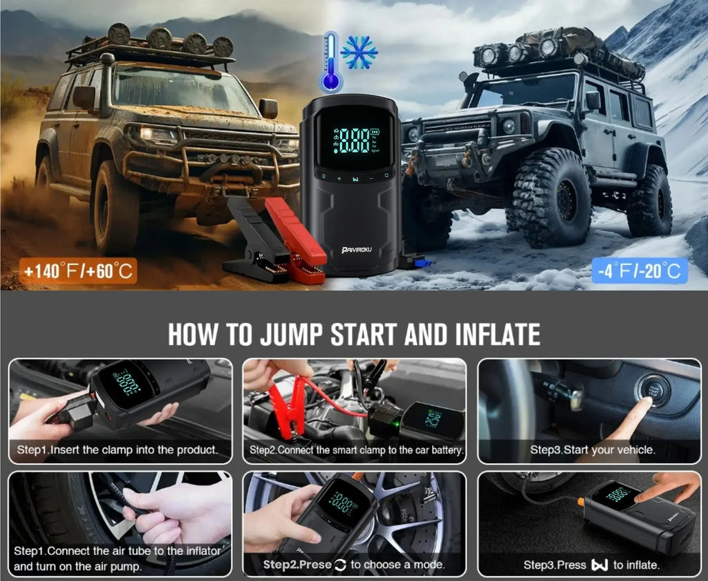 Car Jump Starter with Air Compressor Peak 5000A Auto Battery Booster 150PSI Air Pump Portable Power Bank Tire Inflator