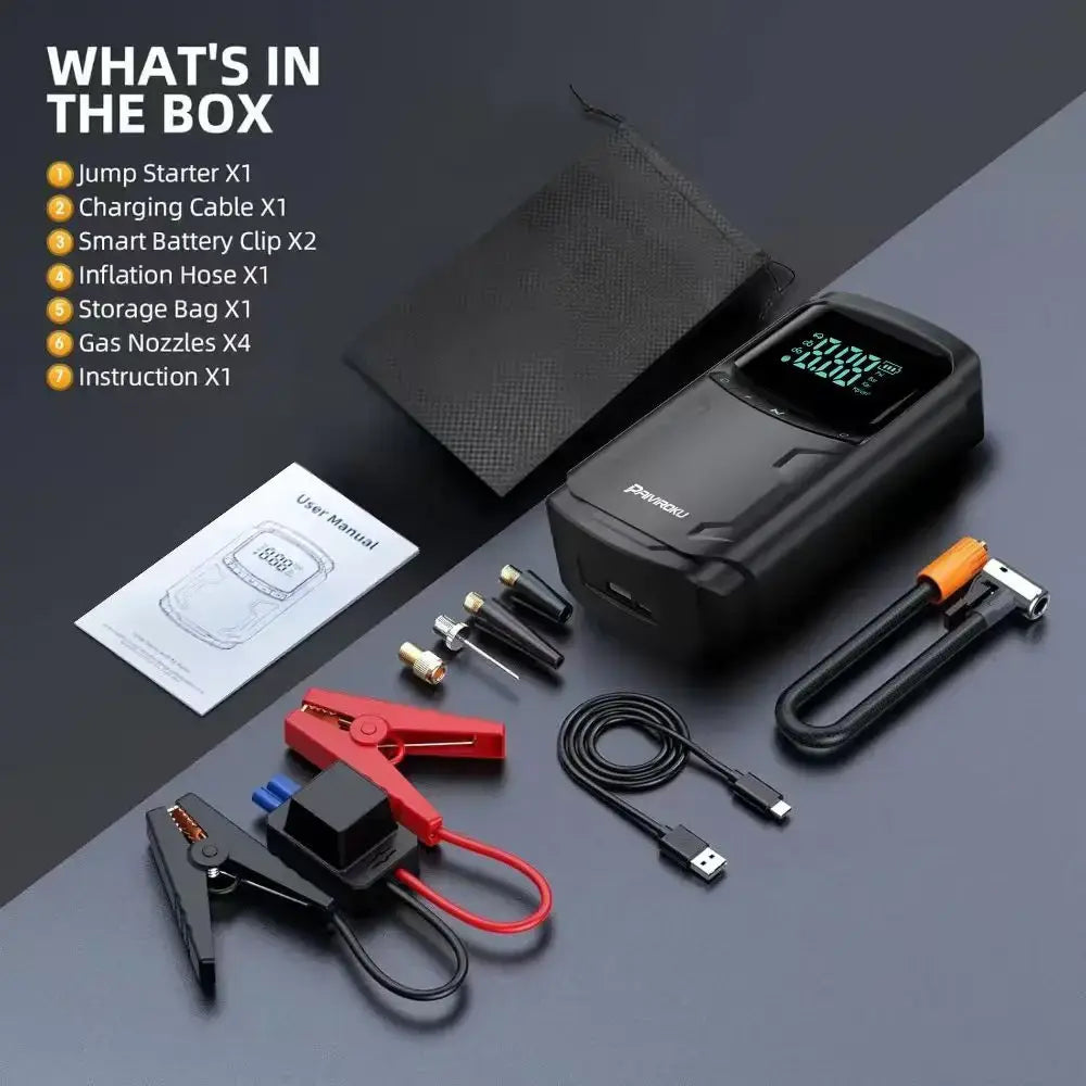 Car Jump Starter with Air Compressor Peak 5000A Auto Battery Booster 150PSI Air Pump Portable Power Bank Tire Inflator