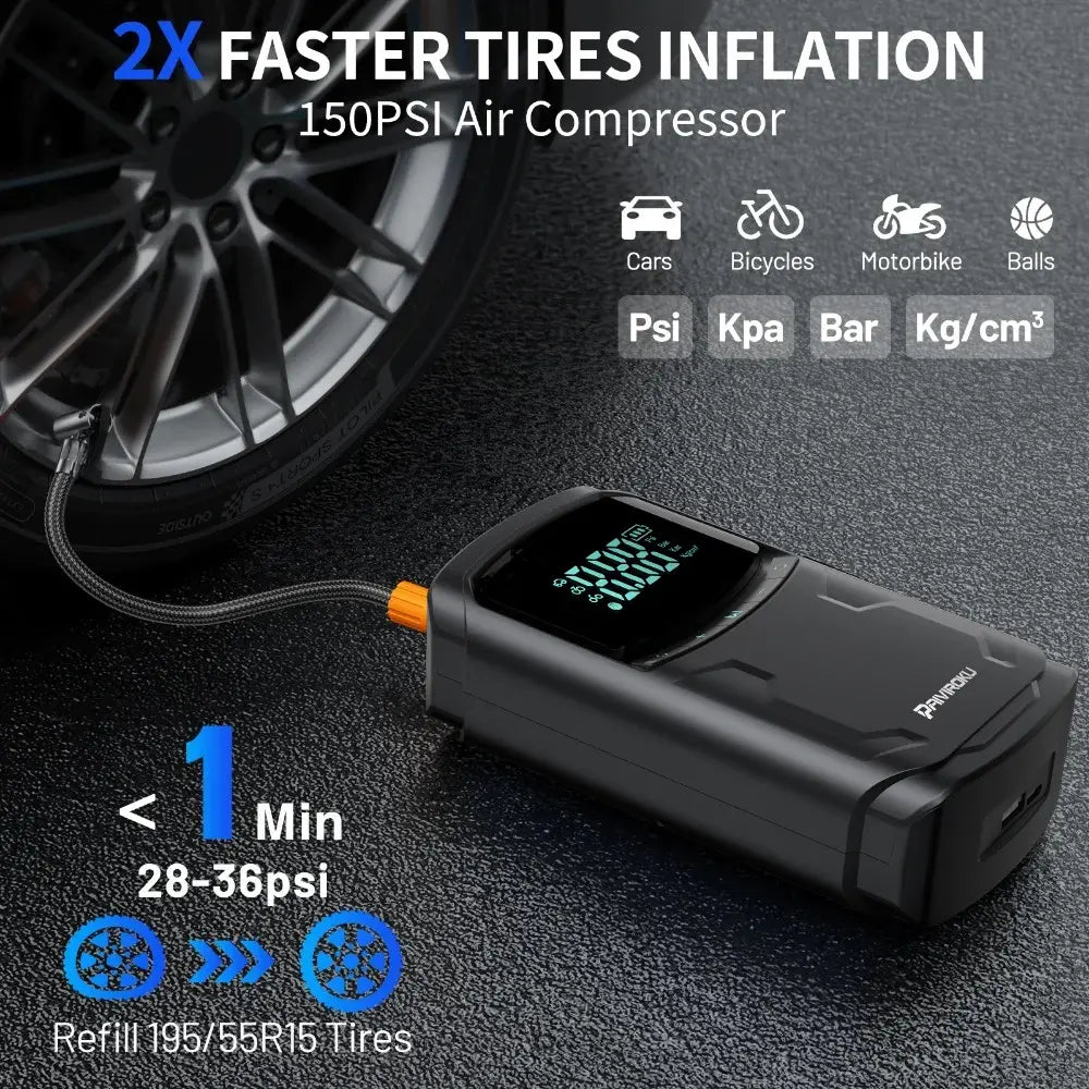 Car Jump Starter with Air Compressor Peak 5000A Auto Battery Booster 150PSI Air Pump Portable Power Bank Tire Inflator