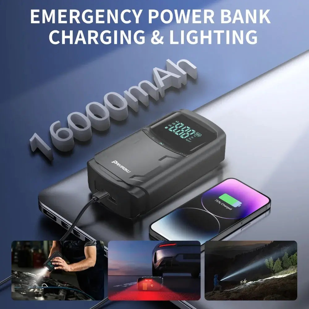 Car Jump Starter with Air Compressor Peak 5000A Auto Battery Booster 150PSI Air Pump Portable Power Bank Tire Inflator