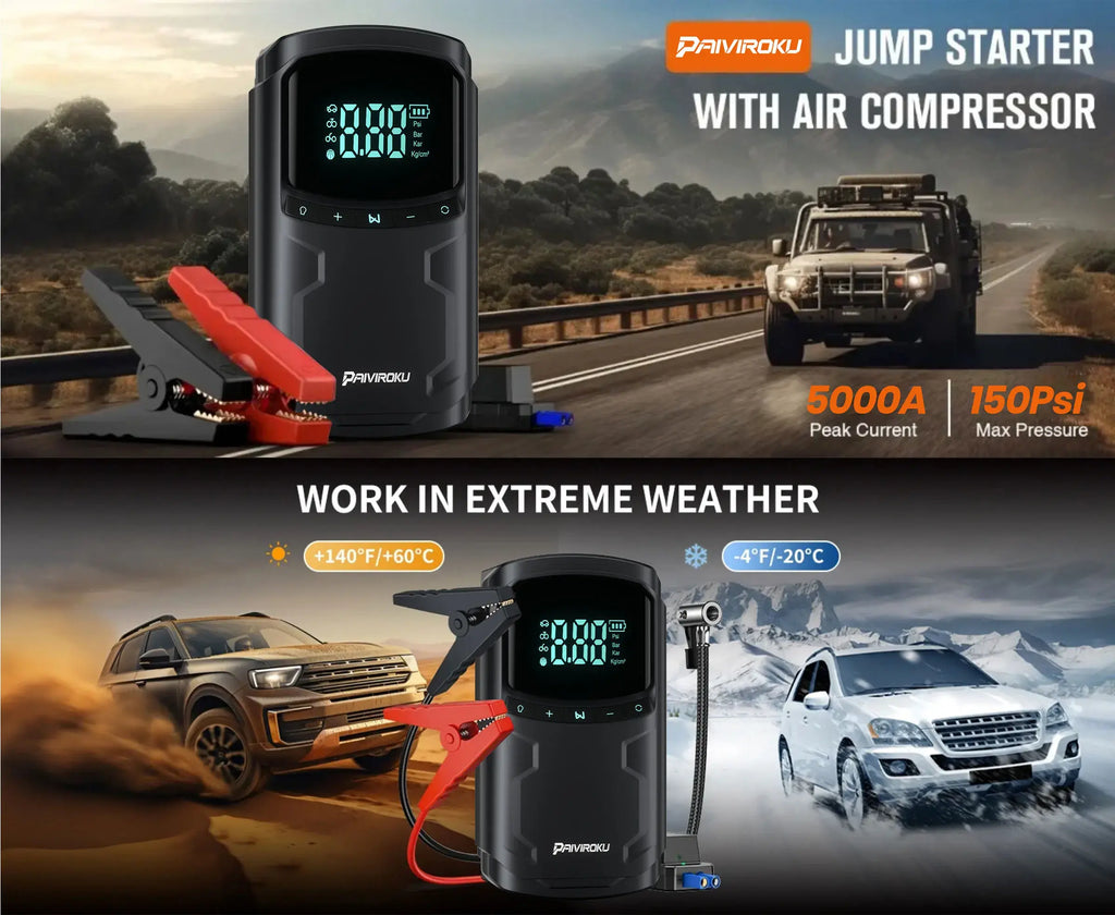 Car Jump Starter with Air Compressor Peak 5000A Auto Battery Booster 150PSI Air Pump Portable Power Bank Tire Inflator