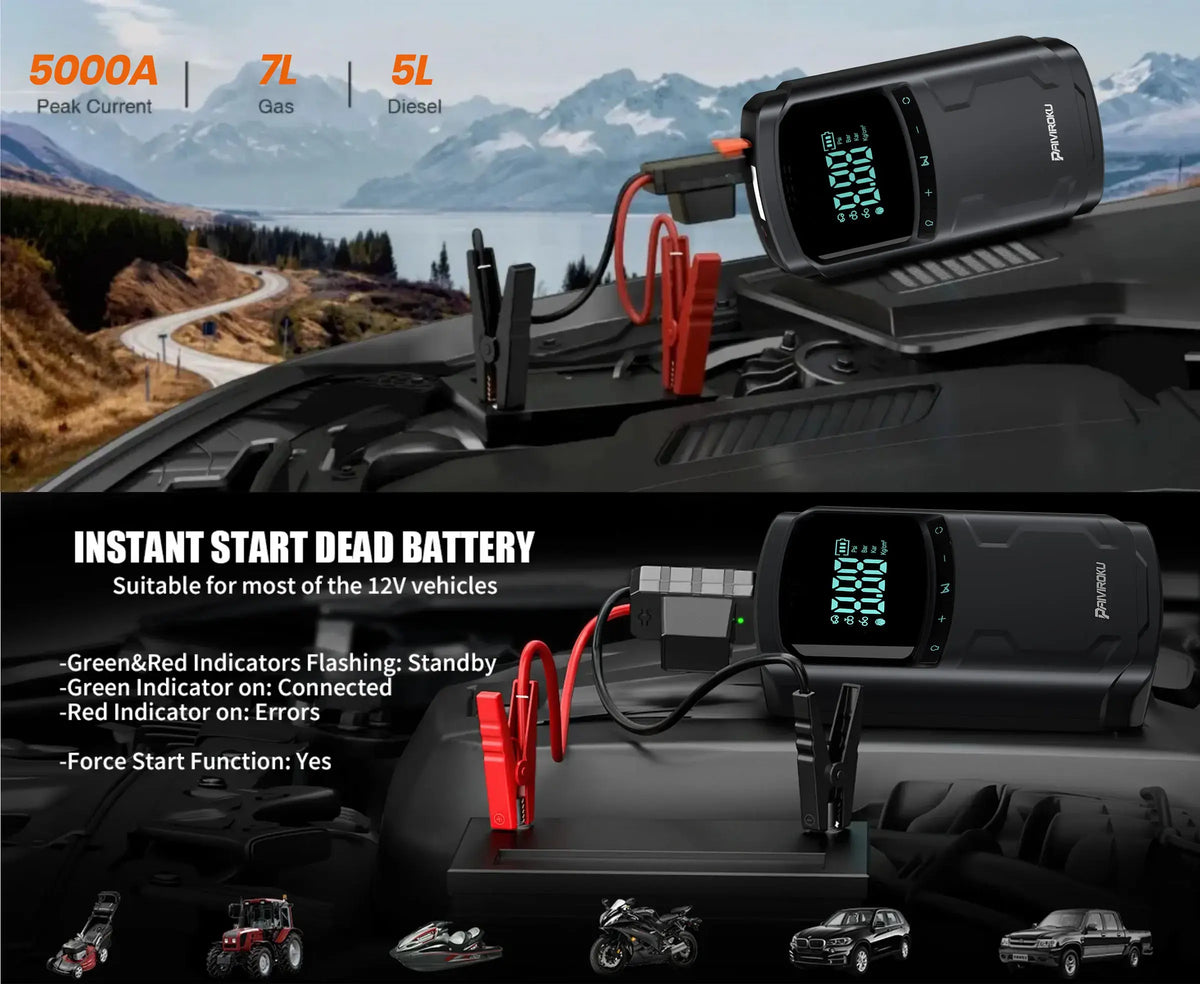 Car Jump Starter with Air Compressor Peak 5000A Auto Battery Booster 150PSI Air Pump Portable Power Bank Tire Inflator