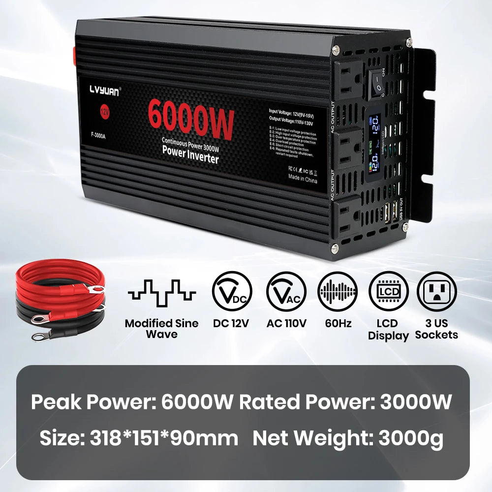 Car Power Inverter 1500W 2000W 2600W 6000W DC 12V To AC 120V Transformer with Dual Socket Charge,2×3.1A USB Port.