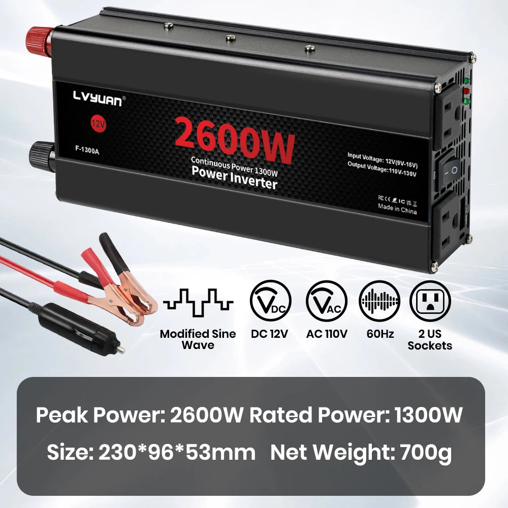 Car Power Inverter 1500W 2000W 2600W 6000W DC 12V To AC 120V Transformer with Dual Socket Charge,2×3.1A USB Port.