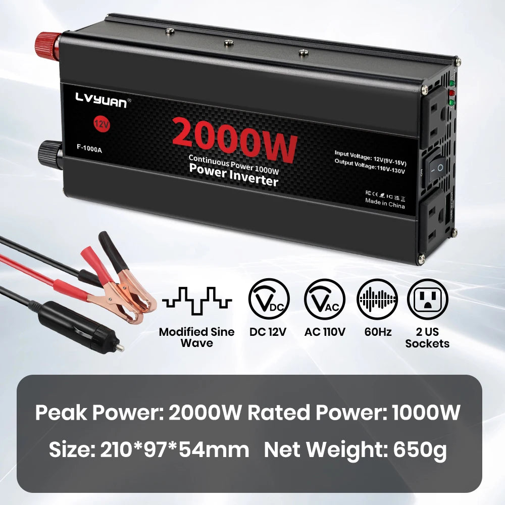 Car Power Inverter 1500W 2000W 2600W 6000W DC 12V To AC 120V Transformer with Dual Socket Charge,2×3.1A USB Port.