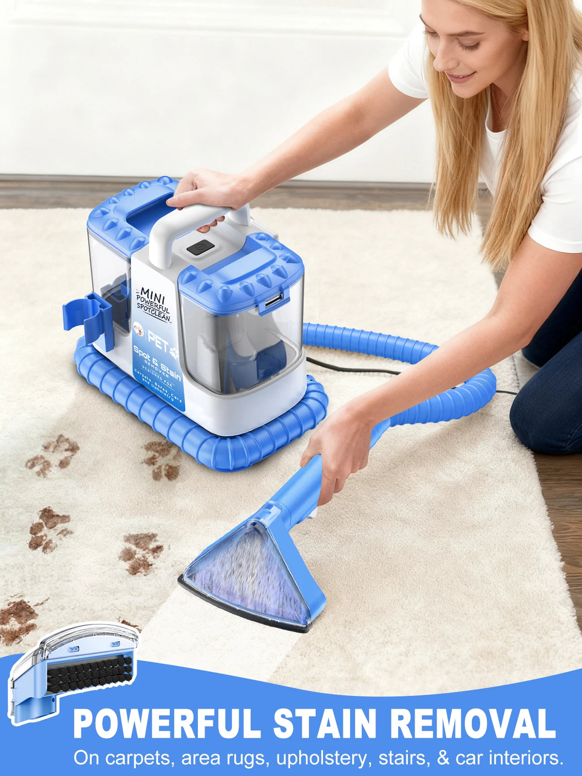 Carpet + Upholstery Cleaner Machine 32Kpa Powerful Suction w/ 5 Cleaning Tools,Lightweight for Rug,Carpet,Car