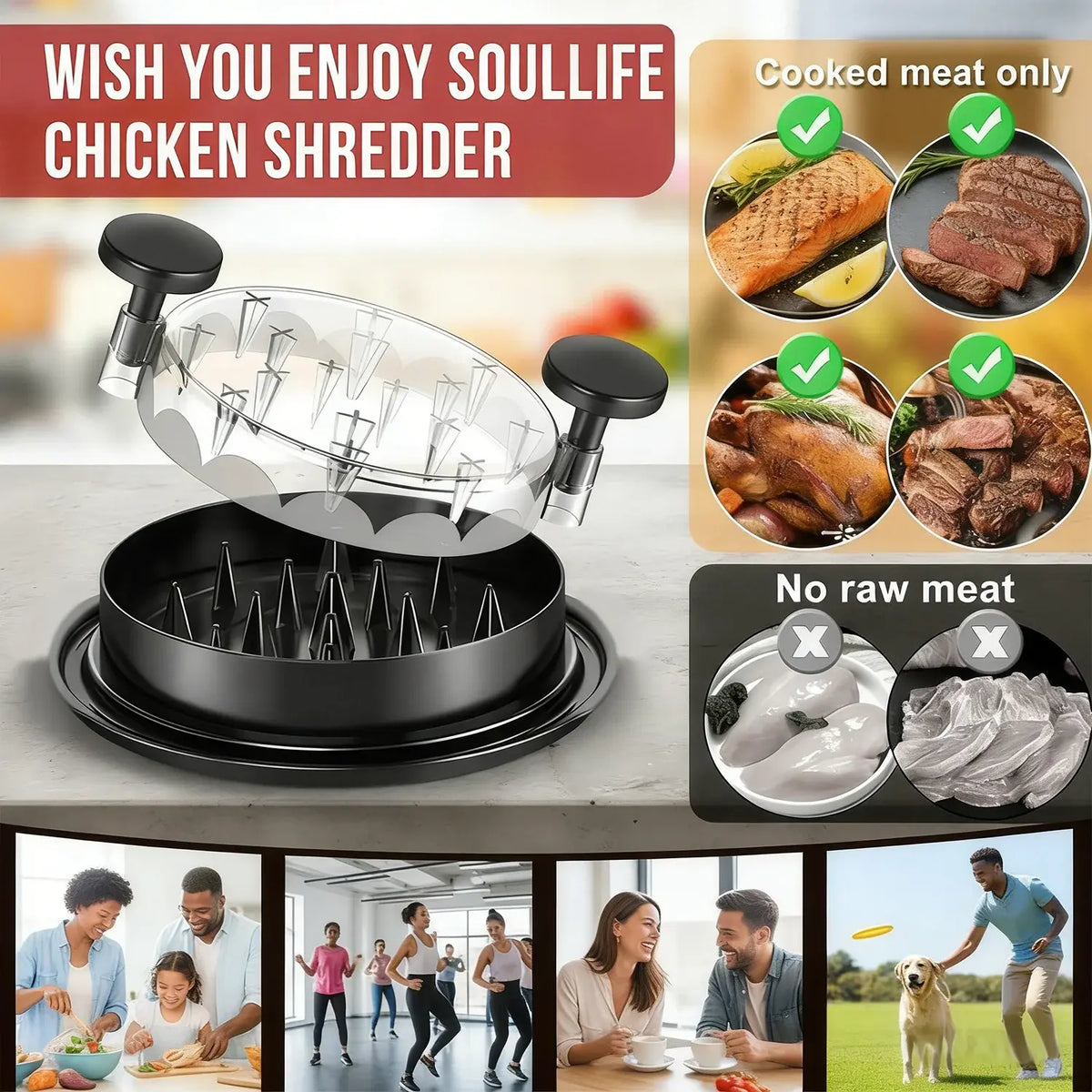 Chicken Shredder 8 Inches Chicken Breast Shredder Tool Cooked Meat Shredder With Clear Lid Ergonomic Design Auti-slip