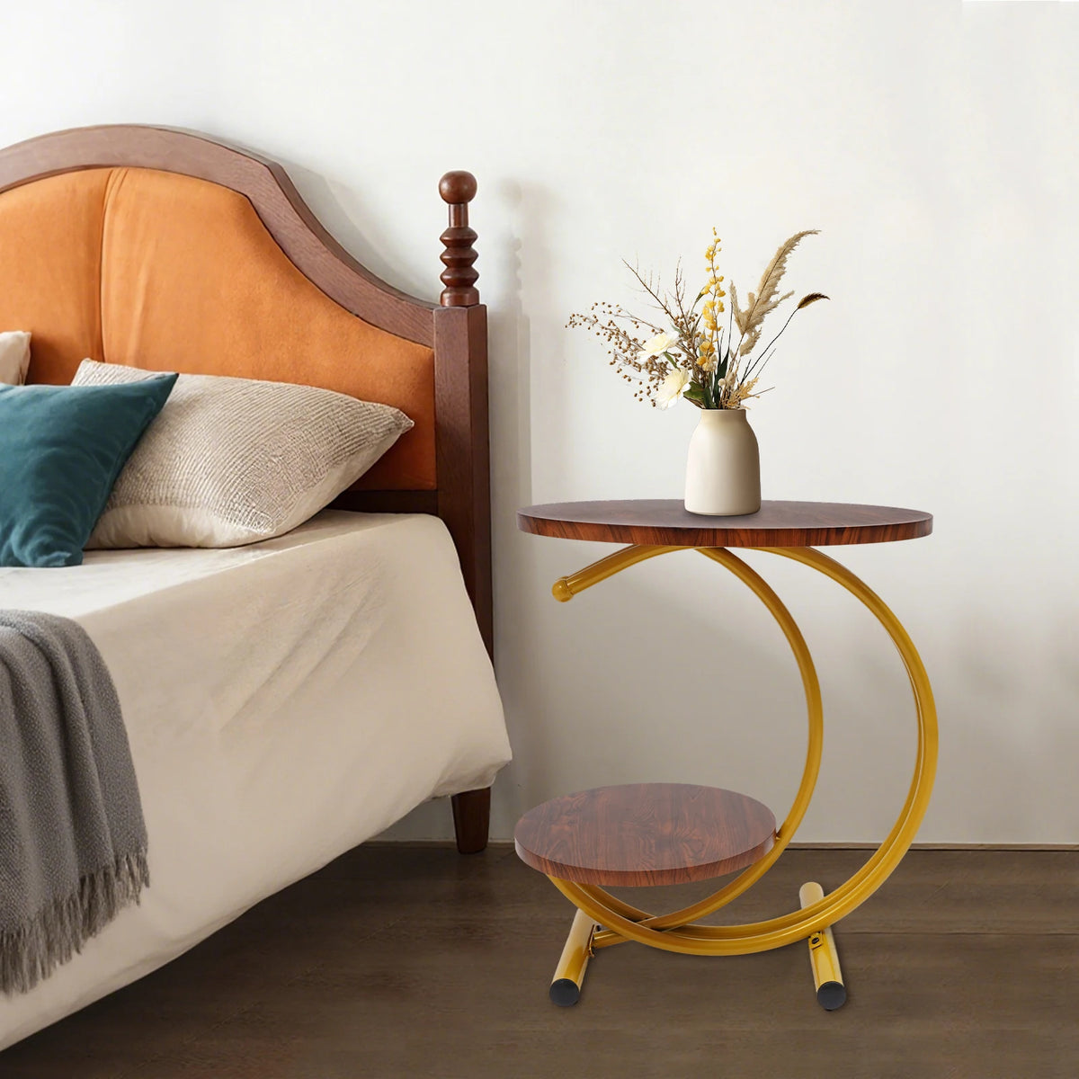 Clearance Sale 2-Tier Round End Table 55x55x60cm Gold Walnut with Storage Shelf Metal Frame Side Table with Hardware