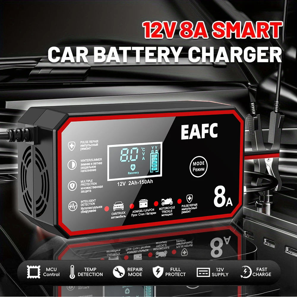 EAFC 12V 8A /6A Car Battery Charger Quick Charge Automatic Smart Battery Charger LCD Display for Lead Acid Agm Gel Wet