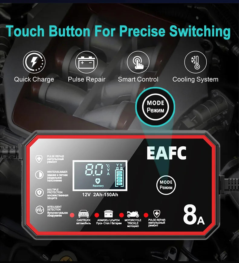 EAFC 12V 8A /6A Car Battery Charger Quick Charge Automatic Smart Battery Charger LCD Display for Lead Acid Agm Gel Wet