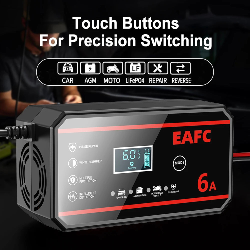 EAFC 12V 8A /6A Car Battery Charger Quick Charge Automatic Smart Battery Charger LCD Display for Lead Acid Agm Gel Wet