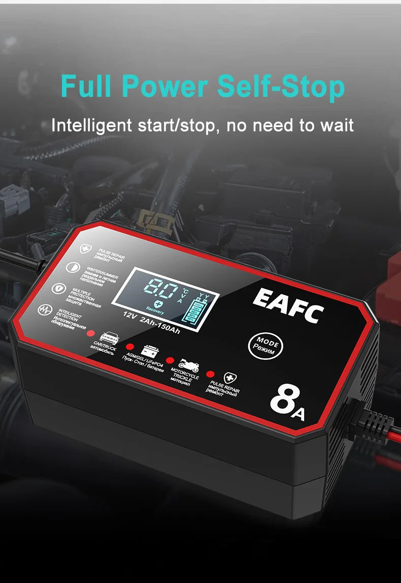 EAFC 12V 8A /6A Car Battery Charger Quick Charge Automatic Smart Battery Charger LCD Display for Lead Acid Agm Gel Wet