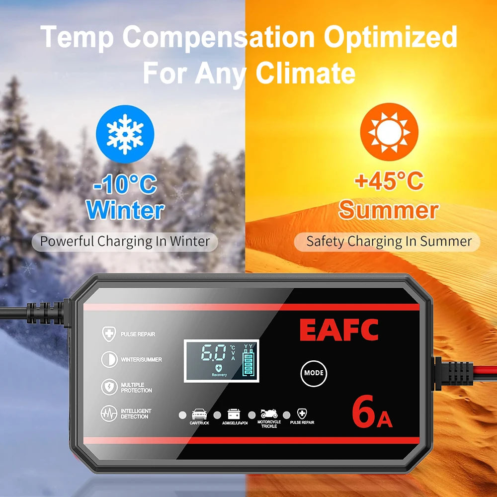 EAFC 12V 8A /6A Car Battery Charger Quick Charge Automatic Smart Battery Charger LCD Display for Lead Acid Agm Gel Wet
