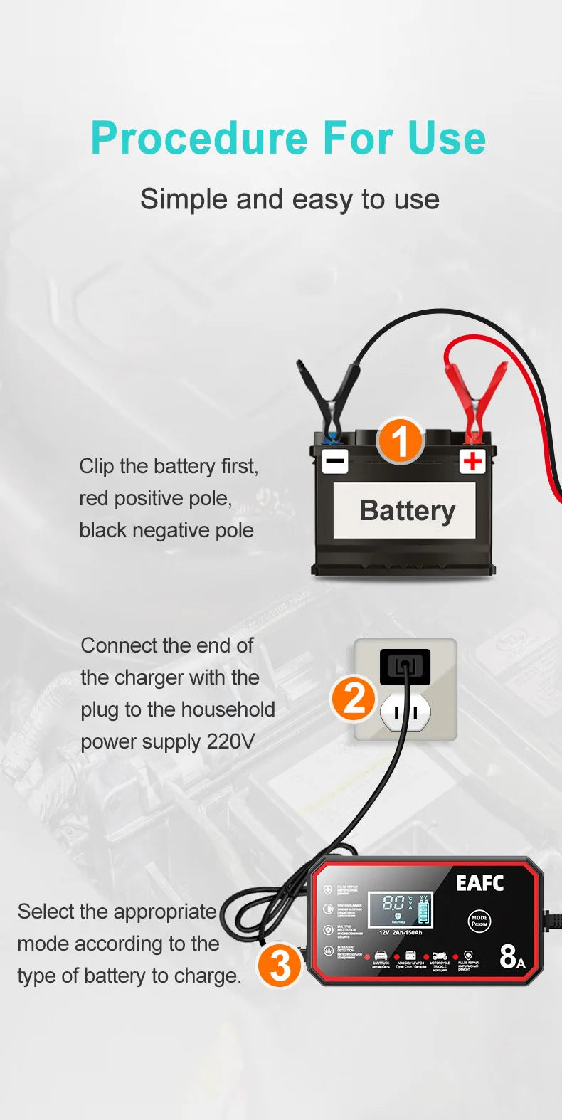 EAFC 12V 8A /6A Car Battery Charger Quick Charge Automatic Smart Battery Charger LCD Display for Lead Acid Agm Gel Wet