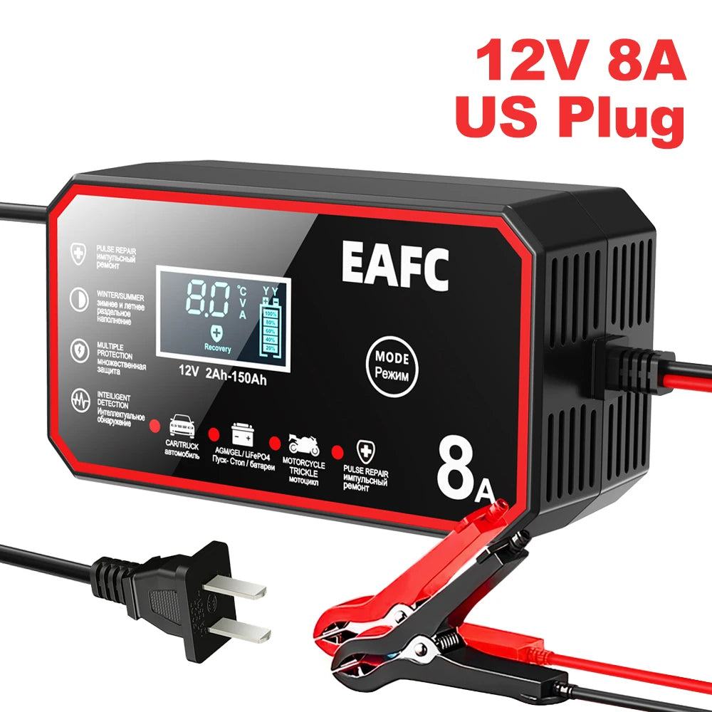 EAFC 12V 8A /6A Car Battery Charger Quick Charge Automatic Smart Battery Charger LCD Display for Lead Acid Agm Gel Wet