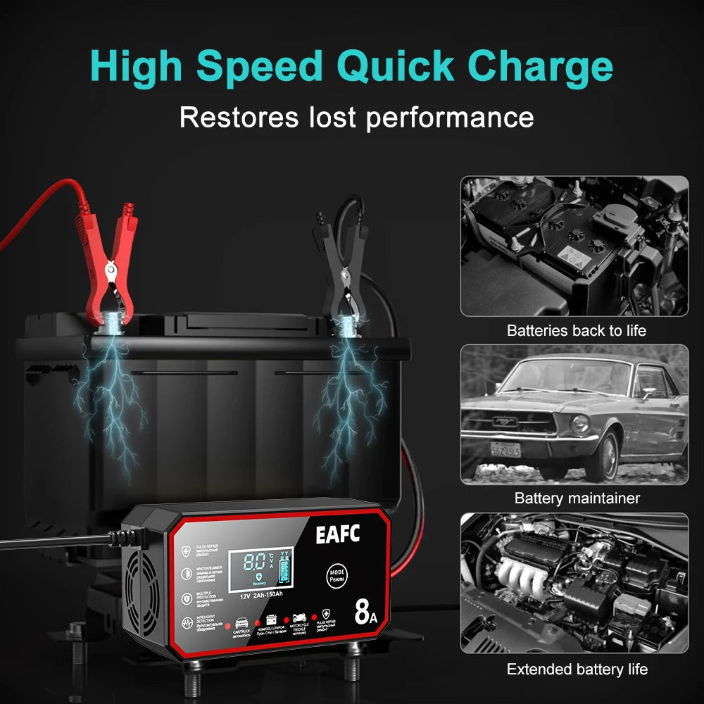 EAFC 12V 8A /6A Car Battery Charger Quick Charge Automatic Smart Battery Charger LCD Display for Lead Acid Agm Gel Wet