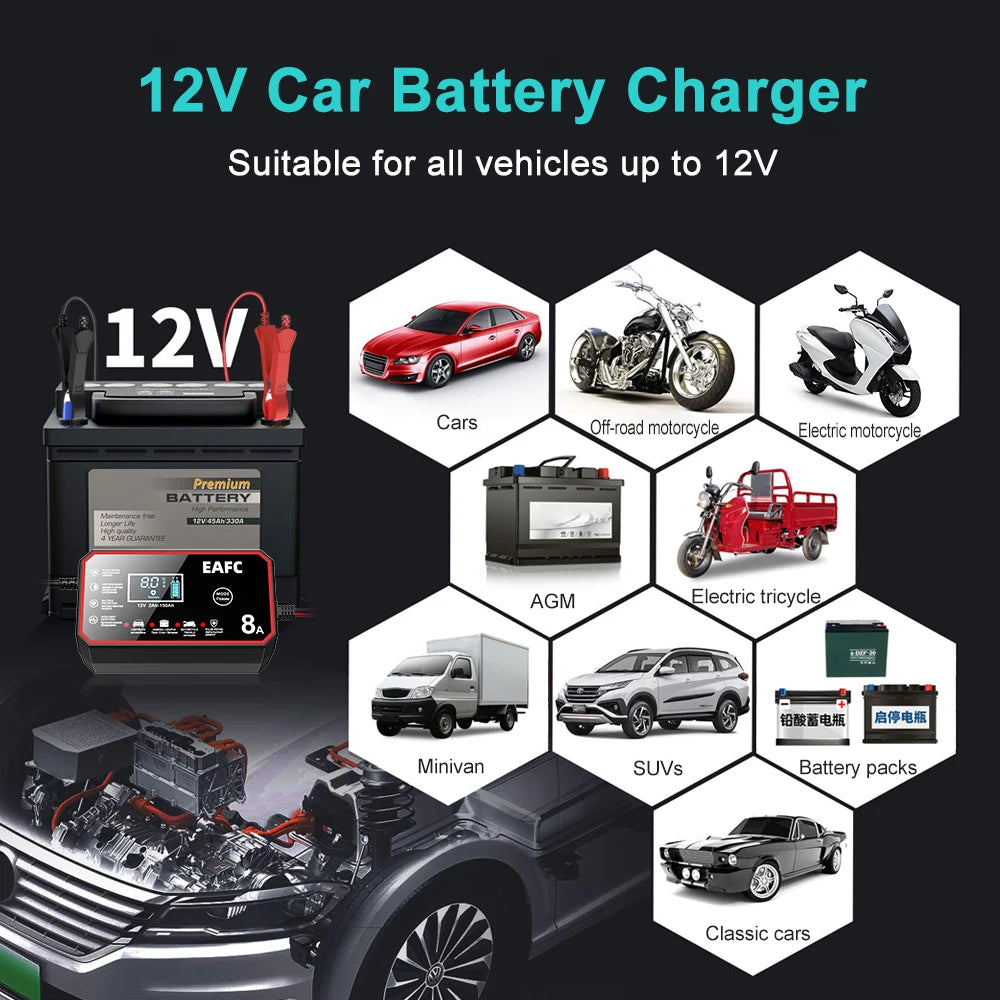 EAFC 12V 8A /6A Car Battery Charger Quick Charge Automatic Smart Battery Charger LCD Display for Lead Acid Agm Gel Wet