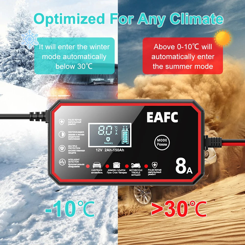 EAFC 12V 8A /6A Car Battery Charger Quick Charge Automatic Smart Battery Charger LCD Display for Lead Acid Agm Gel Wet