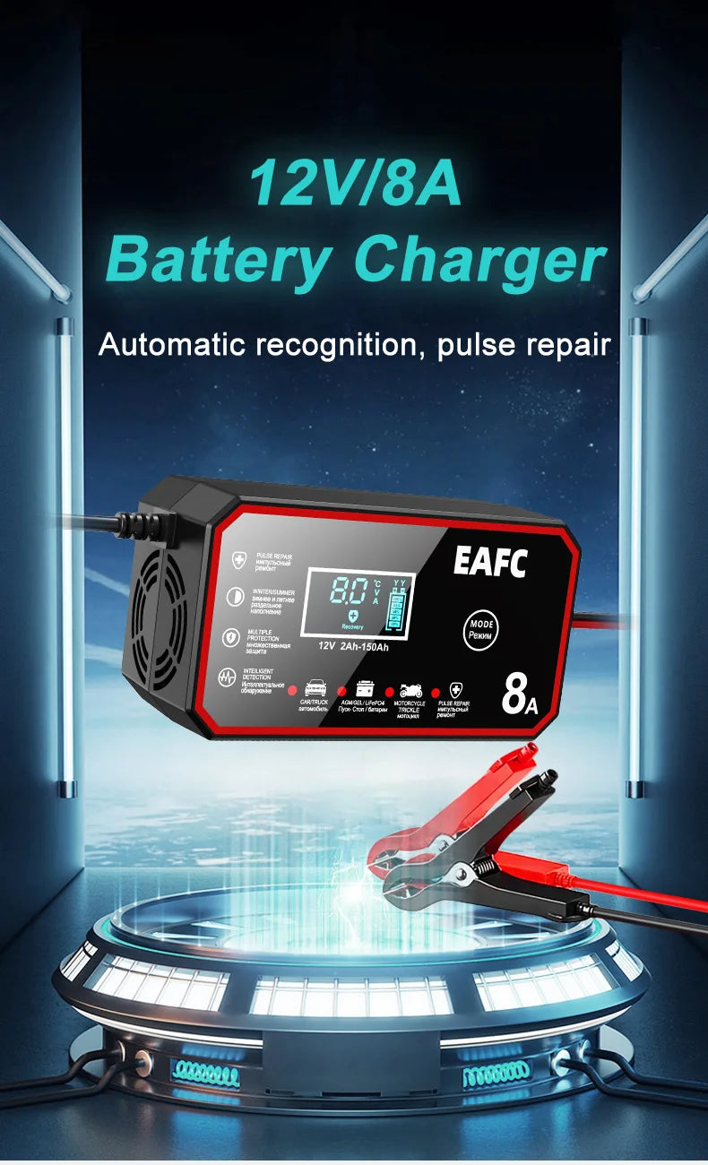 EAFC 12V 8A /6A Car Battery Charger Quick Charge Automatic Smart Battery Charger LCD Display for Lead Acid Agm Gel Wet